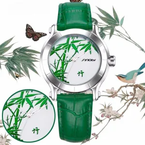 555Famous Luxury Green Bamboo Women Watche Genuine Leather Wristwatch Waterproof