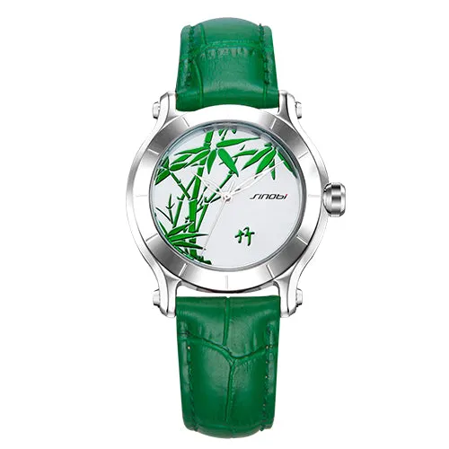 555Famous Luxury Green Bamboo Women Watche Genuine Leather Wristwatch Waterproof