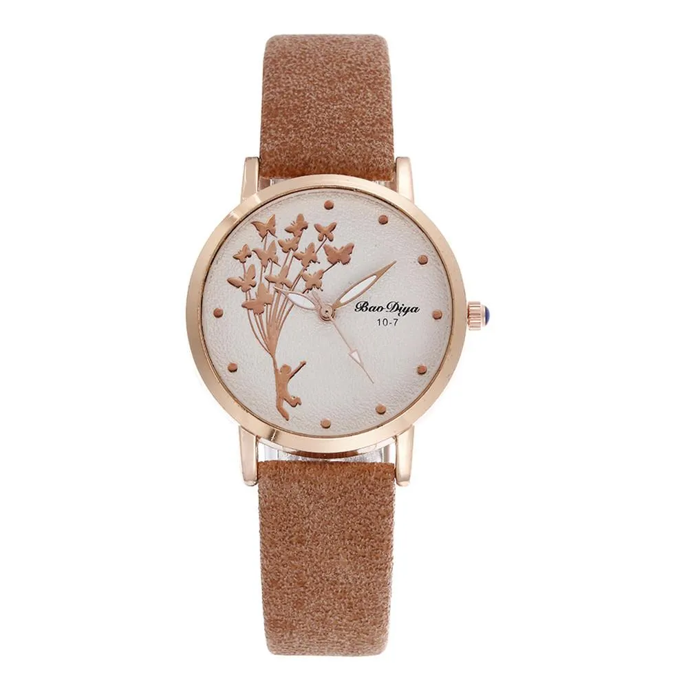 Abigale - Dark Academia Simple Brown Quartz Butterfly Watch