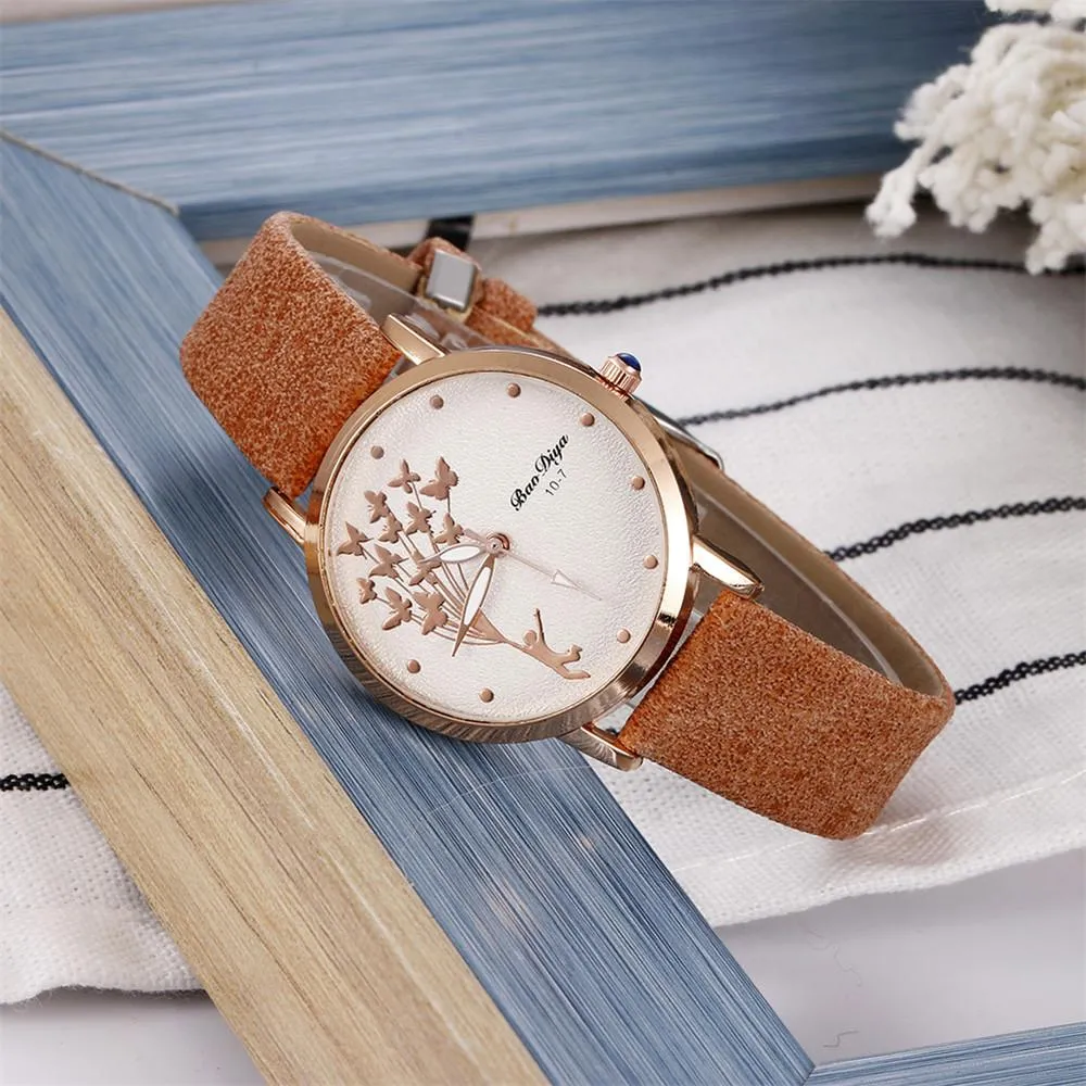 Abigale - Dark Academia Simple Brown Quartz Butterfly Watch