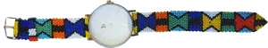 African Beads Strap Analog Watch - Traditional Women Men African Pattern - Quartz Moment Unisex Watches - Cute Handmade Fashion Beaded Strap - Shiny Silver Hands & Numbers Multicolour