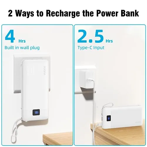 ANOUV Portable Charger with Built-in Cables&AC Wall Plug,10000mAh Power Bank,PD 22.5W USB-C Fast Charging External Battery Pack with LED Display Compatible with iPhones and All Smart Device(2 Pack)