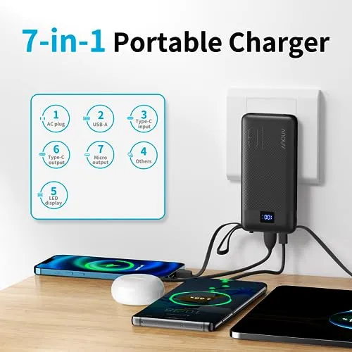 ANOUV Portable Charger with Built-in Cables&AC Wall Plug,10000mAh Power Bank,PD 22.5W USB-C Fast Charging External Battery Pack with LED Display Compatible with iPhones and All Smart Device(2 Pack)