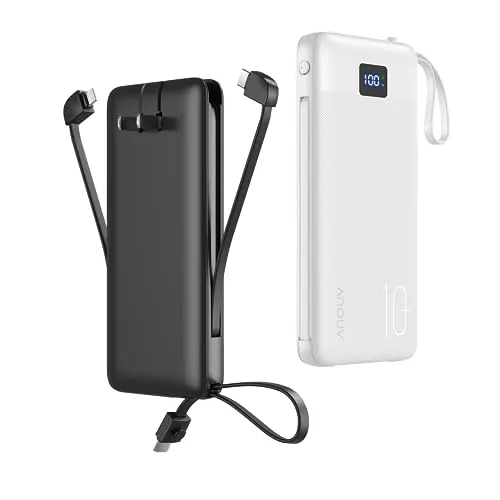 ANOUV Portable Charger with Built-in Cables&AC Wall Plug,10000mAh Power Bank,PD 22.5W USB-C Fast Charging External Battery Pack with LED Display Compatible with iPhones and All Smart Device(2 Pack)