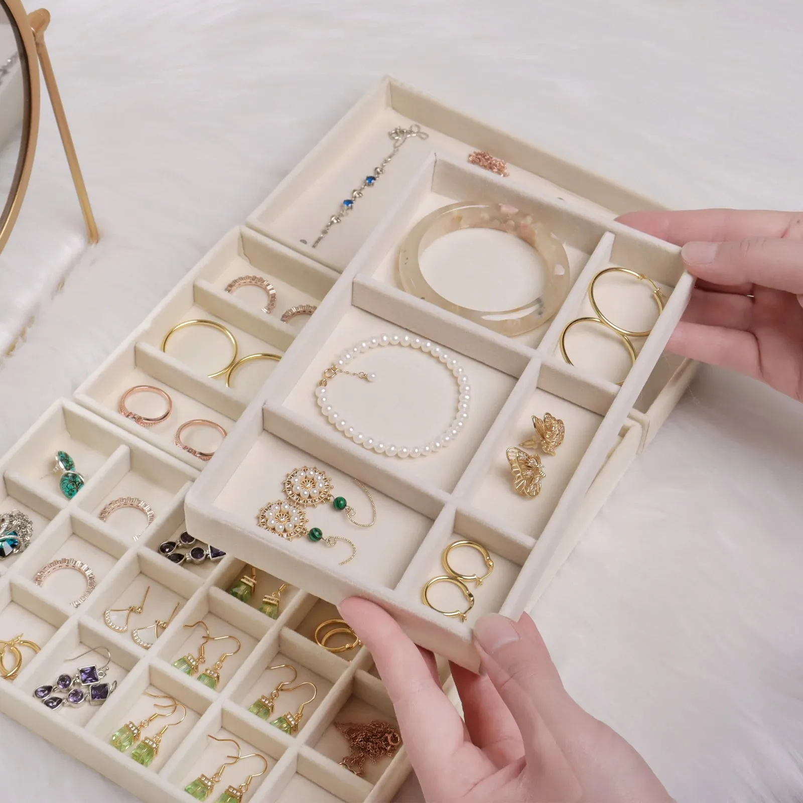Anyhouz Jewelry Storage Beige Design F Display Tray Drawer Storage Jewellery Holder For Ring Earrings Necklace Bracelet