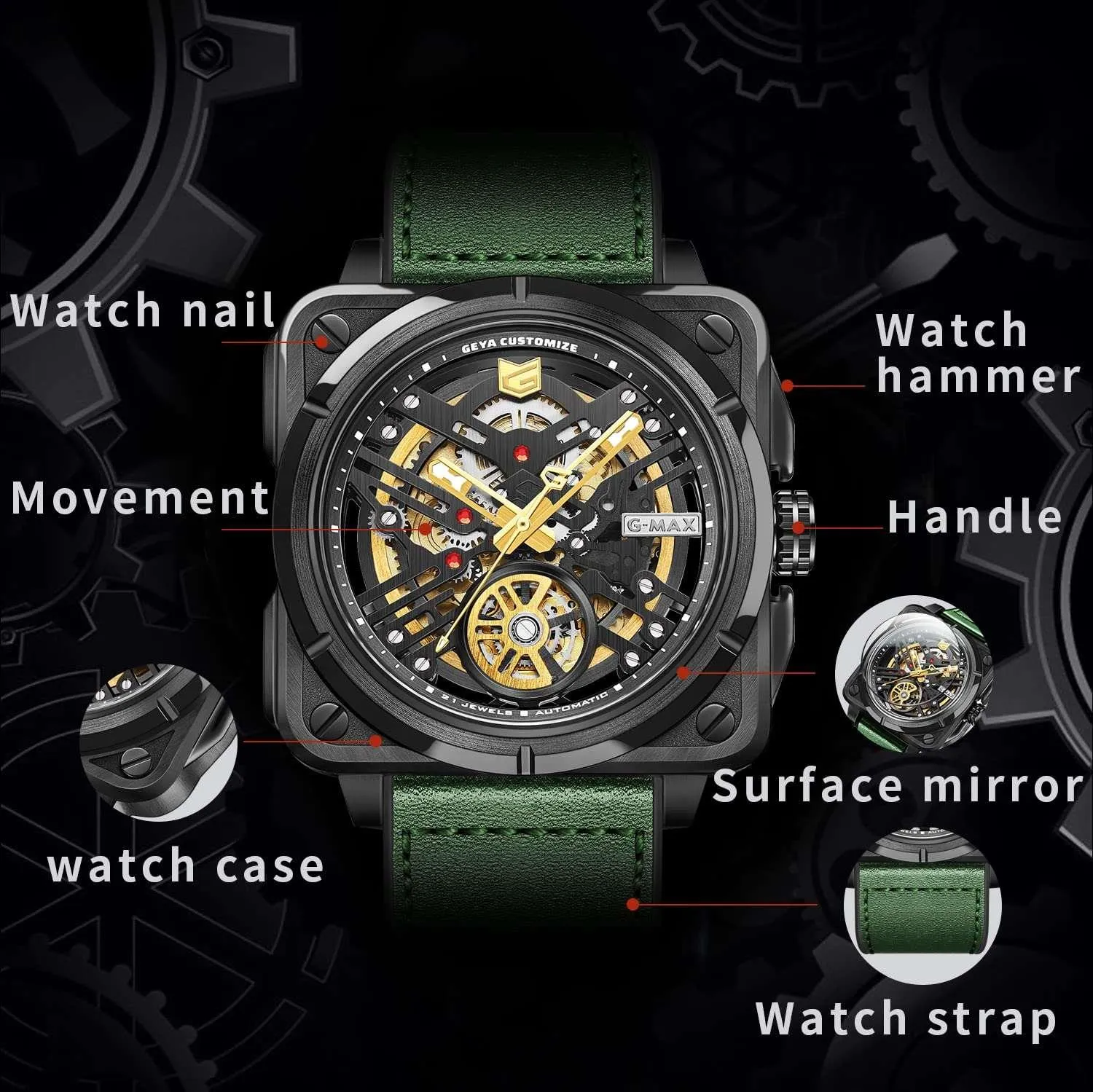 Automatic Mechanical Watch Skeleton Stainless 50M Waterproof Anti Shock Casual Diver Men Wrist Watch Sterling Watches Chronograph Analog Business Casual Fashion Adjustable Leather Band