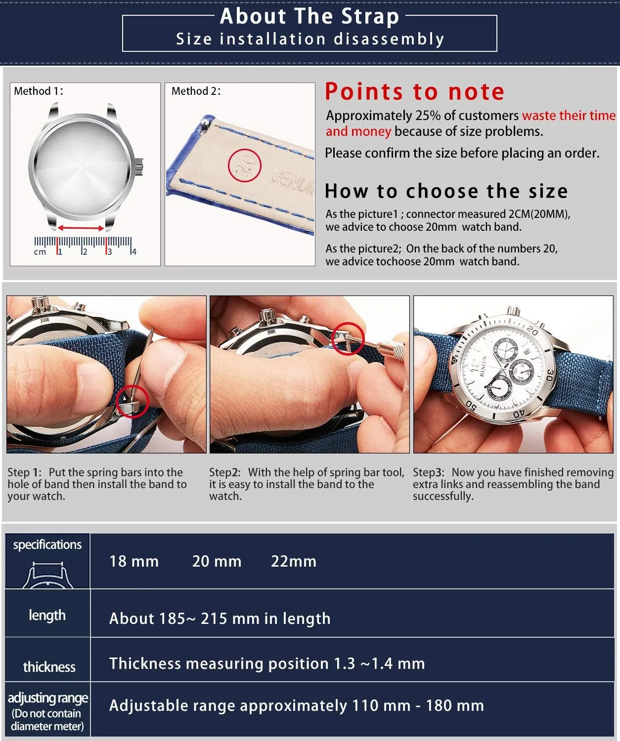 BINLUN Elastic Fabric Nylon Watch Band Waterproof Military Replacement Watch Strap Hook-and-Loop for Men Women Silver & Black Buckle 18/20/22mm
