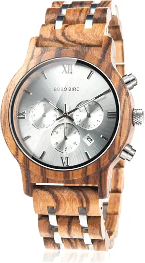 BOBO BIRD Mens Wooden Watches Luxury Wood Metal Strap Chronograph & Date Display Quartz Watch Versatile Male Timepieces
