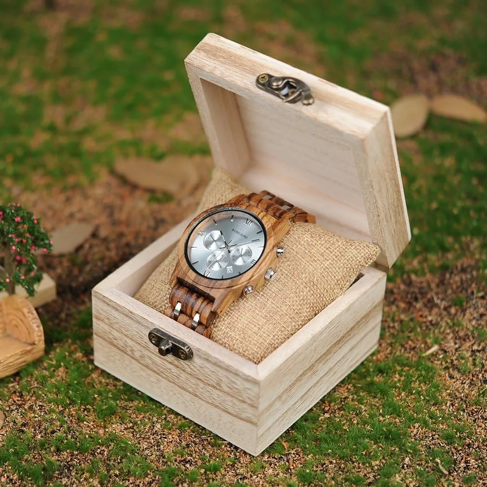 BOBO BIRD Mens Wooden Watches Luxury Wood Metal Strap Chronograph & Date Display Quartz Watch Versatile Male Timepieces