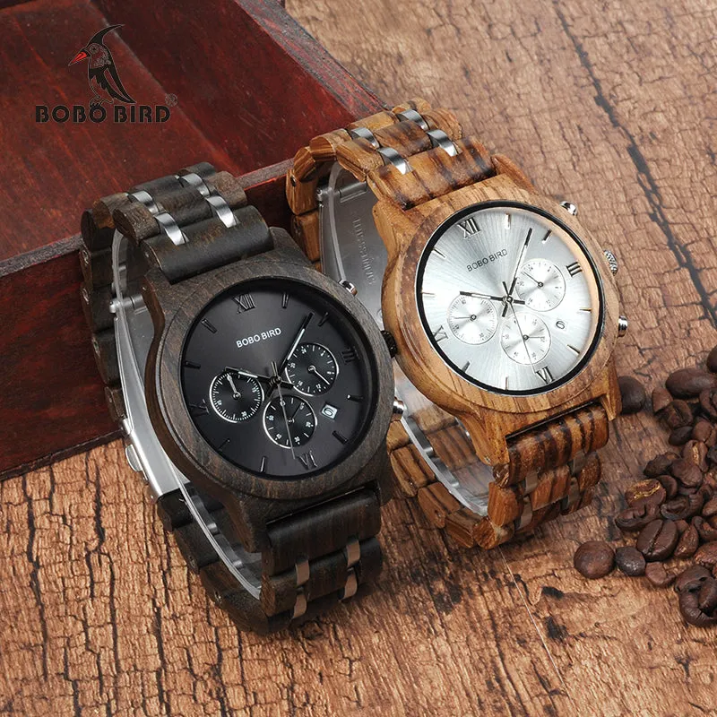 BOBO BIRD WP19 Wooden Mens Watches Newest Luxury Wood Metal Strap Chronograph Date Quartz Watch Luxury Versatile Timepieces