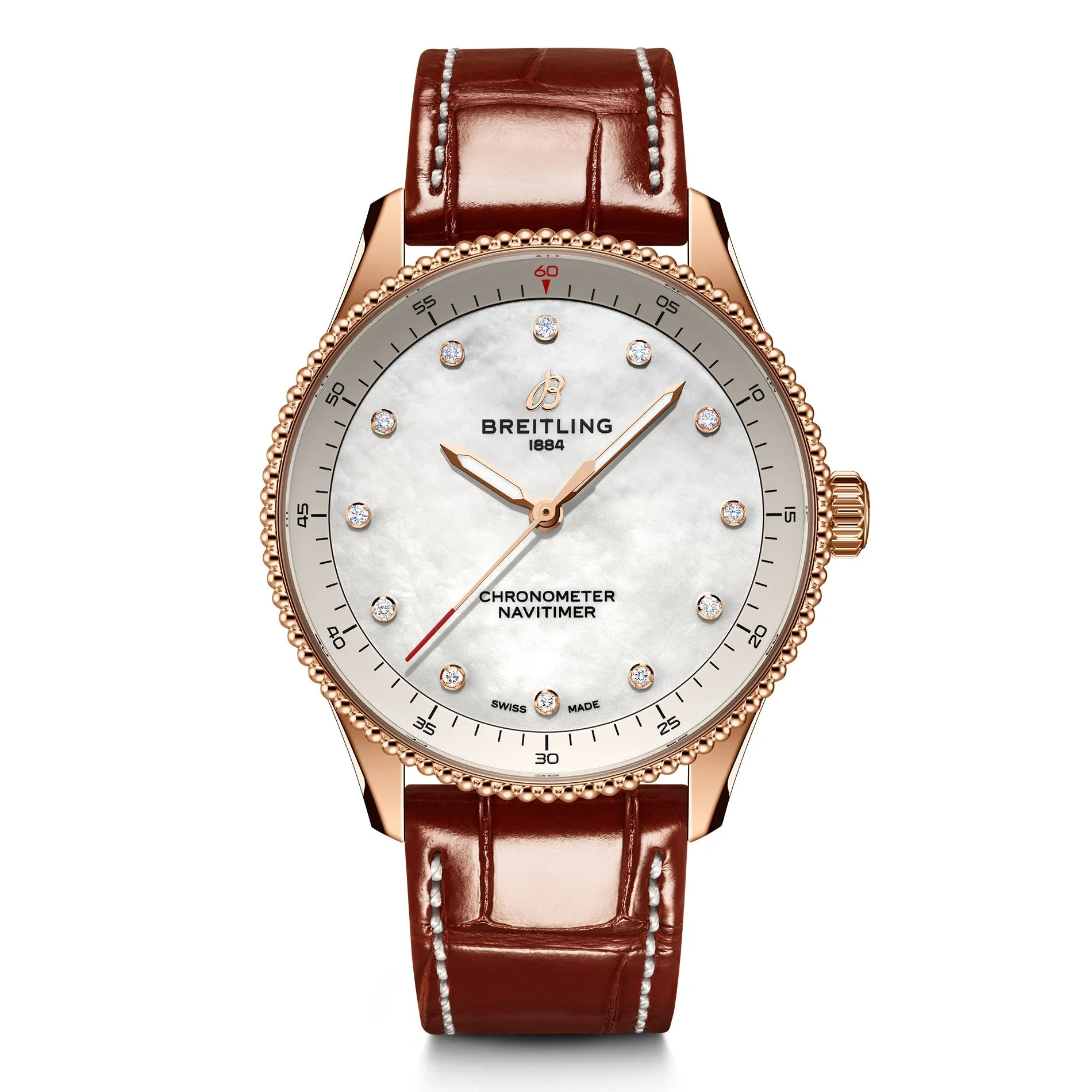 Breitling Navitimer 32 Mother-of-Pearl Lab Grown Diamond Dial Red Gold and Leather Strap Watch 32mm - R77320E61A1P1