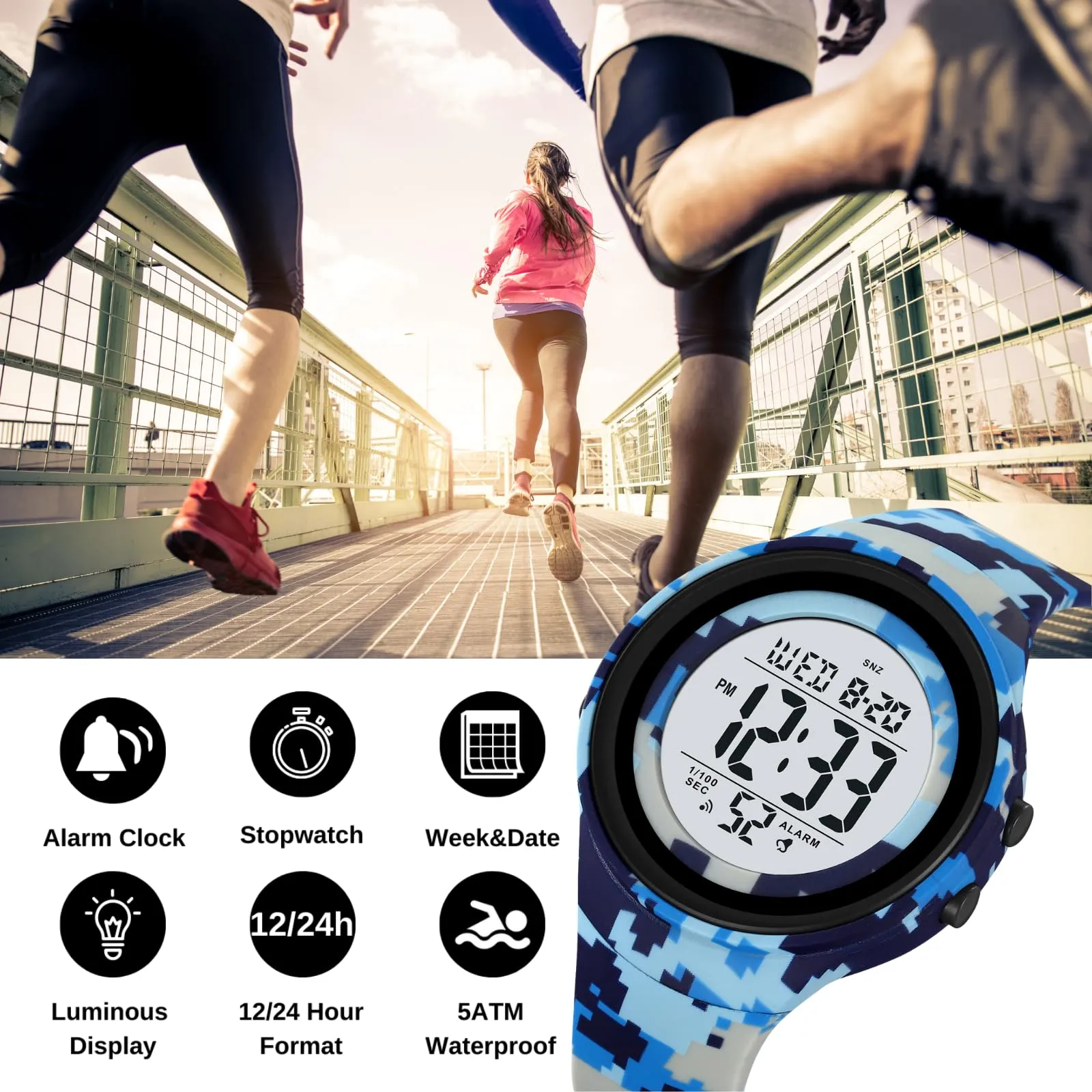 CakCity Mens Digital Watch Waterproof Watches for Swimming Tactical Watches for Men Military Blue Camouflage Watches for Men,5ATM,TPU Strap