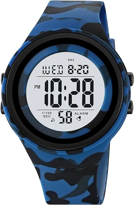 CakCity Mens Digital Watch Waterproof Watches for Swimming Tactical Watches for Men Military Blue Camouflage Watches for Men,5ATM,TPU Strap