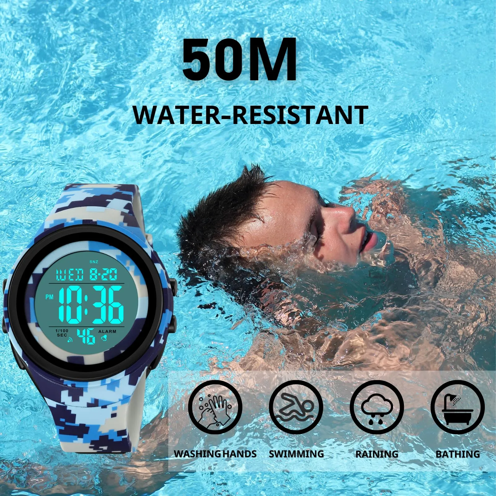 CakCity Mens Digital Watch Waterproof Watches for Swimming Tactical Watches for Men Military Blue Camouflage Watches for Men,5ATM,TPU Strap