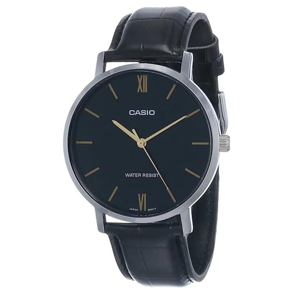 Casio Men's Black Dial Leather Band Analog Quartz Watch - MTP-VT01L-1BUDF
