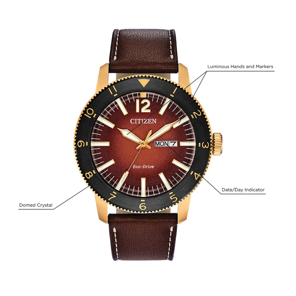 Citizen Mens Eco-drive Orange Dial Brown Band Brycen Stainless Steel Leather Strap Watch - AW0076-03X