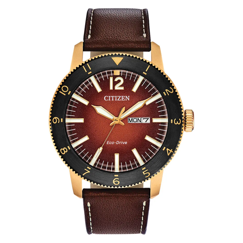 Citizen Mens Eco-drive Orange Dial Brown Band Brycen Stainless Steel Leather Strap Watch - AW0076-03X