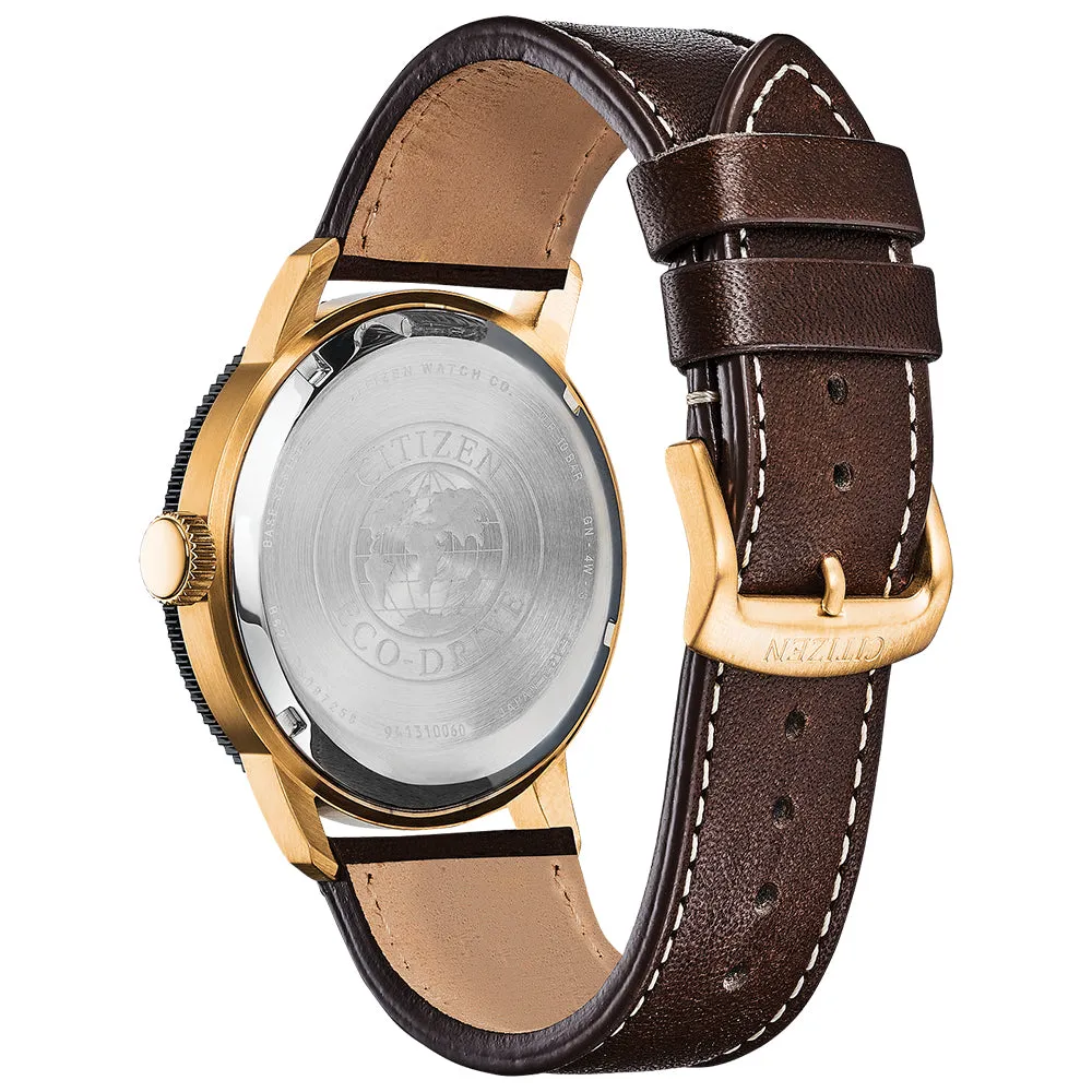 Citizen Mens Eco-drive Orange Dial Brown Band Brycen Stainless Steel Leather Strap Watch - AW0076-03X
