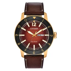 Citizen Mens Eco-drive Orange Dial Brown Band Brycen Stainless Steel Leather Strap Watch - AW0076-03X