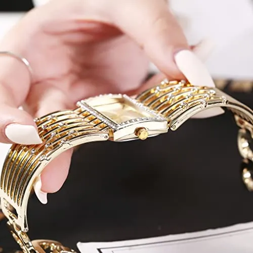 Fashion Bracelet Watches for Women Luxury Rectangular Dial Analog Quartz Wrist Watch Gifts for Ladies (Diamond Gold)