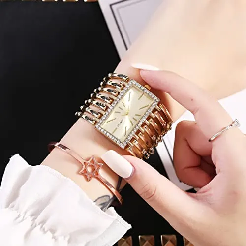 Fashion Bracelet Watches for Women Luxury Rectangular Dial Analog Quartz Wrist Watch Gifts for Ladies (Diamond Gold)