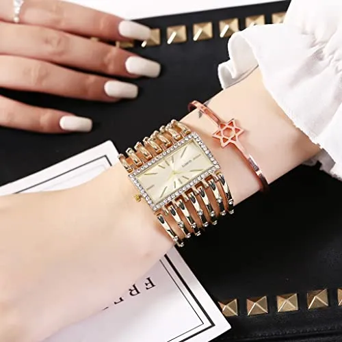 Fashion Bracelet Watches for Women Luxury Rectangular Dial Analog Quartz Wrist Watch Gifts for Ladies (Diamond Gold)