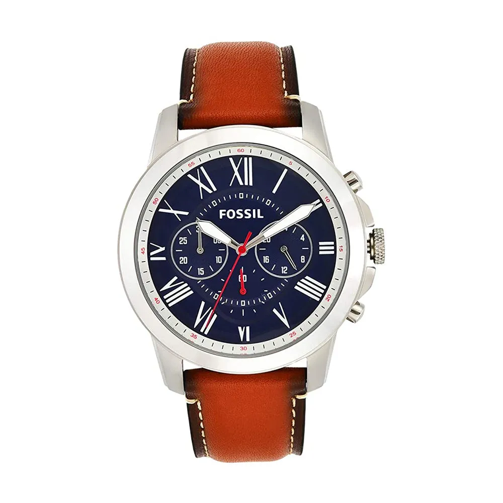 Fossil Mens Grant Blue Dial Brown Band Stainless Steel Quartz Watch - FS5210IE