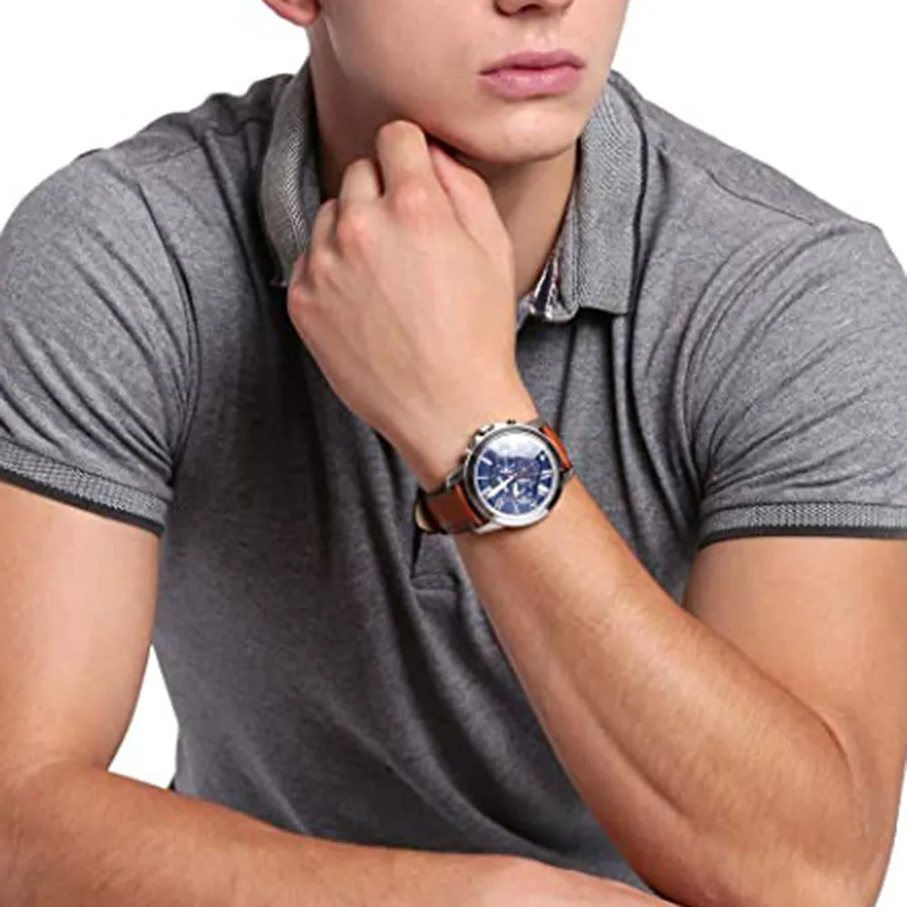 Fossil Mens Grant Blue Dial Brown Band Stainless Steel Quartz Watch - FS5210IE