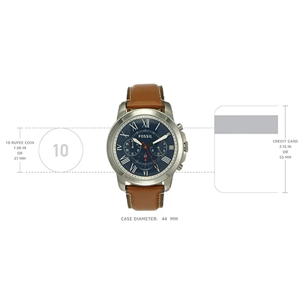 Fossil Mens Grant Blue Dial Brown Band Stainless Steel Quartz Watch - FS5210IE