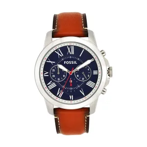 Fossil Mens Grant Blue Dial Brown Band Stainless Steel Quartz Watch - FS5210IE