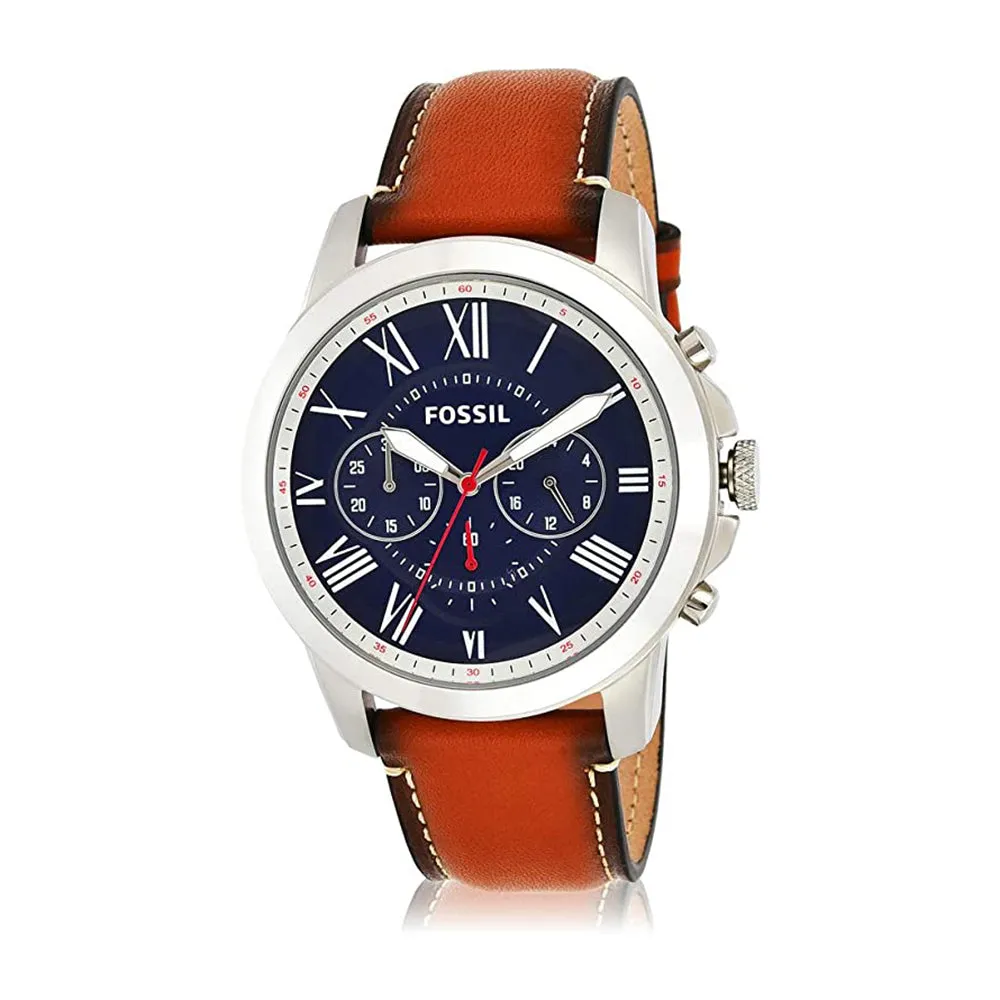 Fossil Mens Grant Blue Dial Brown Band Stainless Steel Quartz Watch - FS5210IE