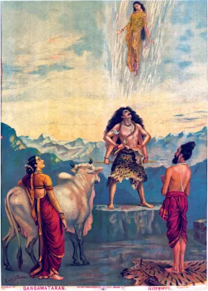 Gangawataran - Descent of Ganga - Raja Ravi Varma Oleograph Print- Indian Painting
