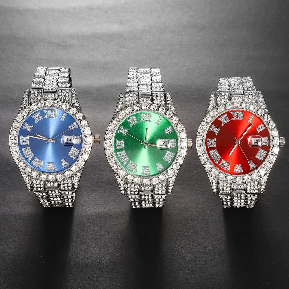 Hip Hop Full Mens Iced Out  Watches Luxury Date Quartz Wrist Watches