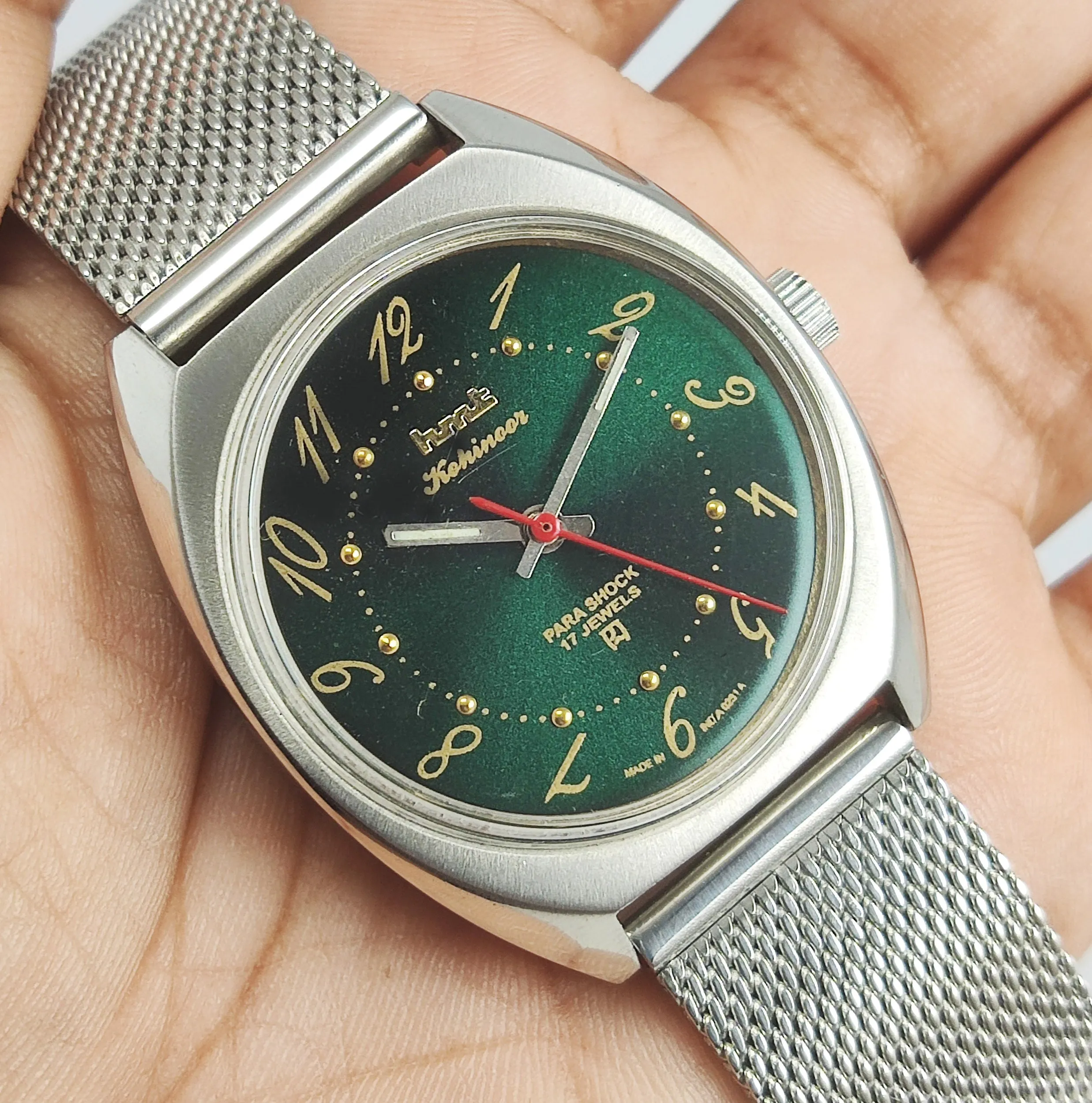 HMT Kohinoor Para Shock 17 Jewels Shiny Green Dial Mechanical Hand winding Men's Wrist Watch