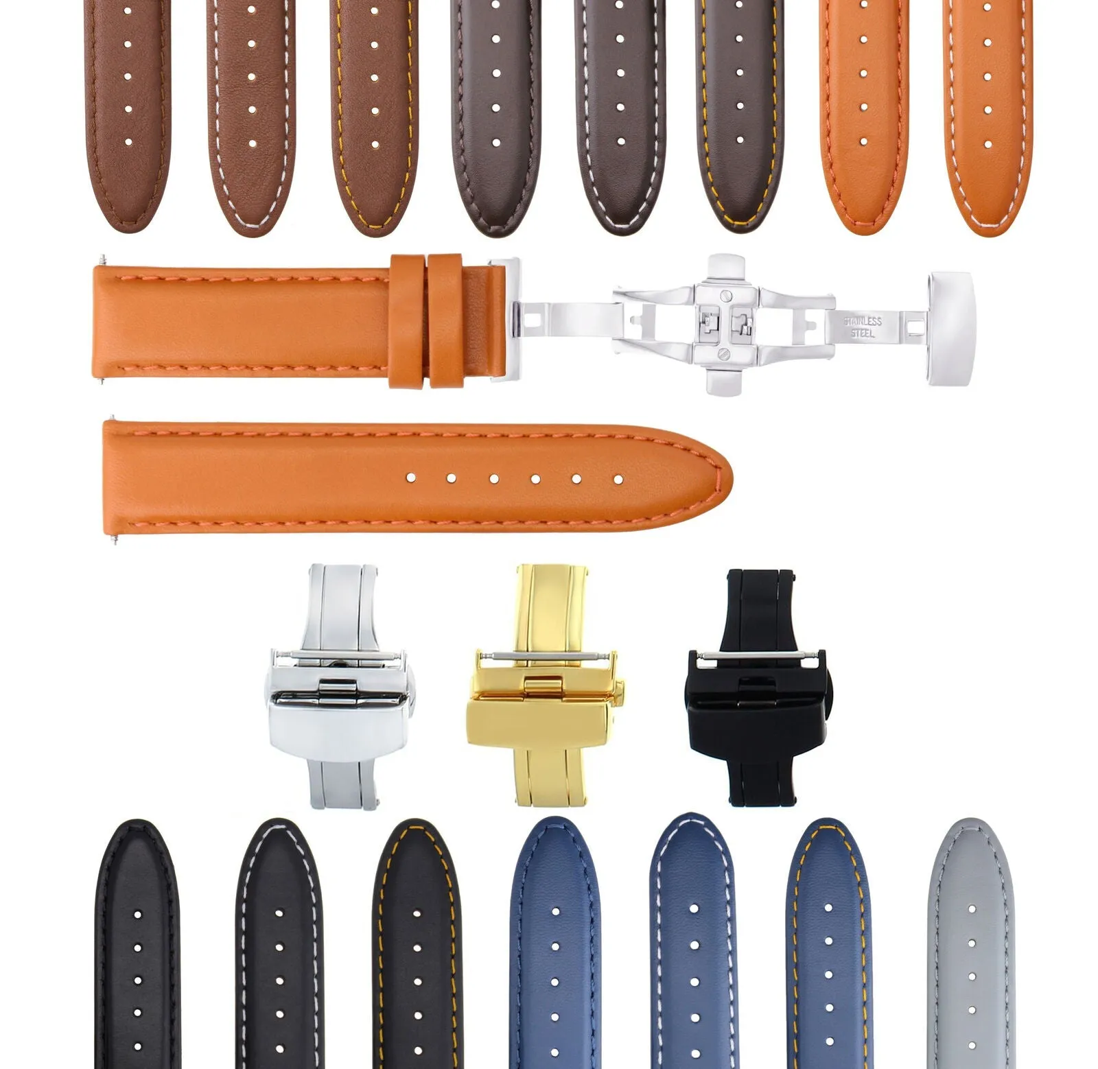 LEATHER BAND STRAP SMOOTH DEPLOYMENT CLASP FOR U-BOAT - 22MM