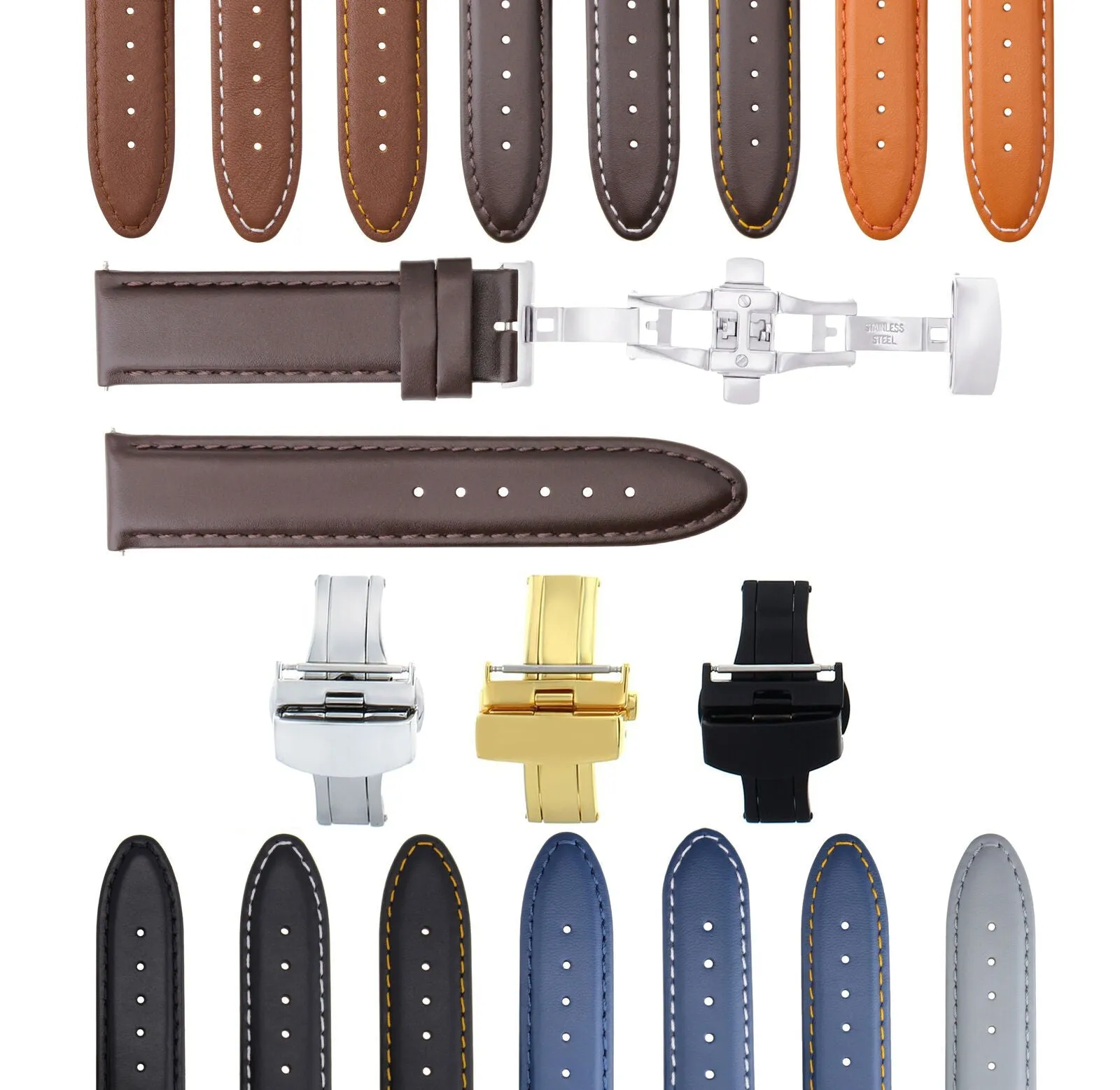 LEATHER BAND STRAP SMOOTH DEPLOYMENT CLASP FOR U-BOAT - 22MM