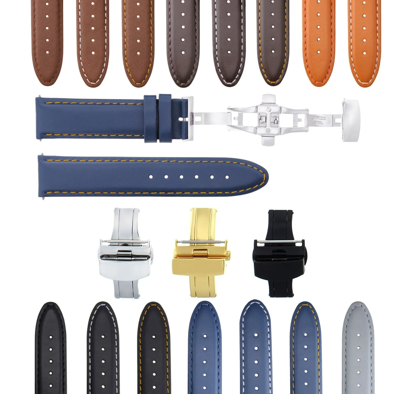 LEATHER BAND STRAP SMOOTH DEPLOYMENT CLASP FOR U-BOAT - 22MM