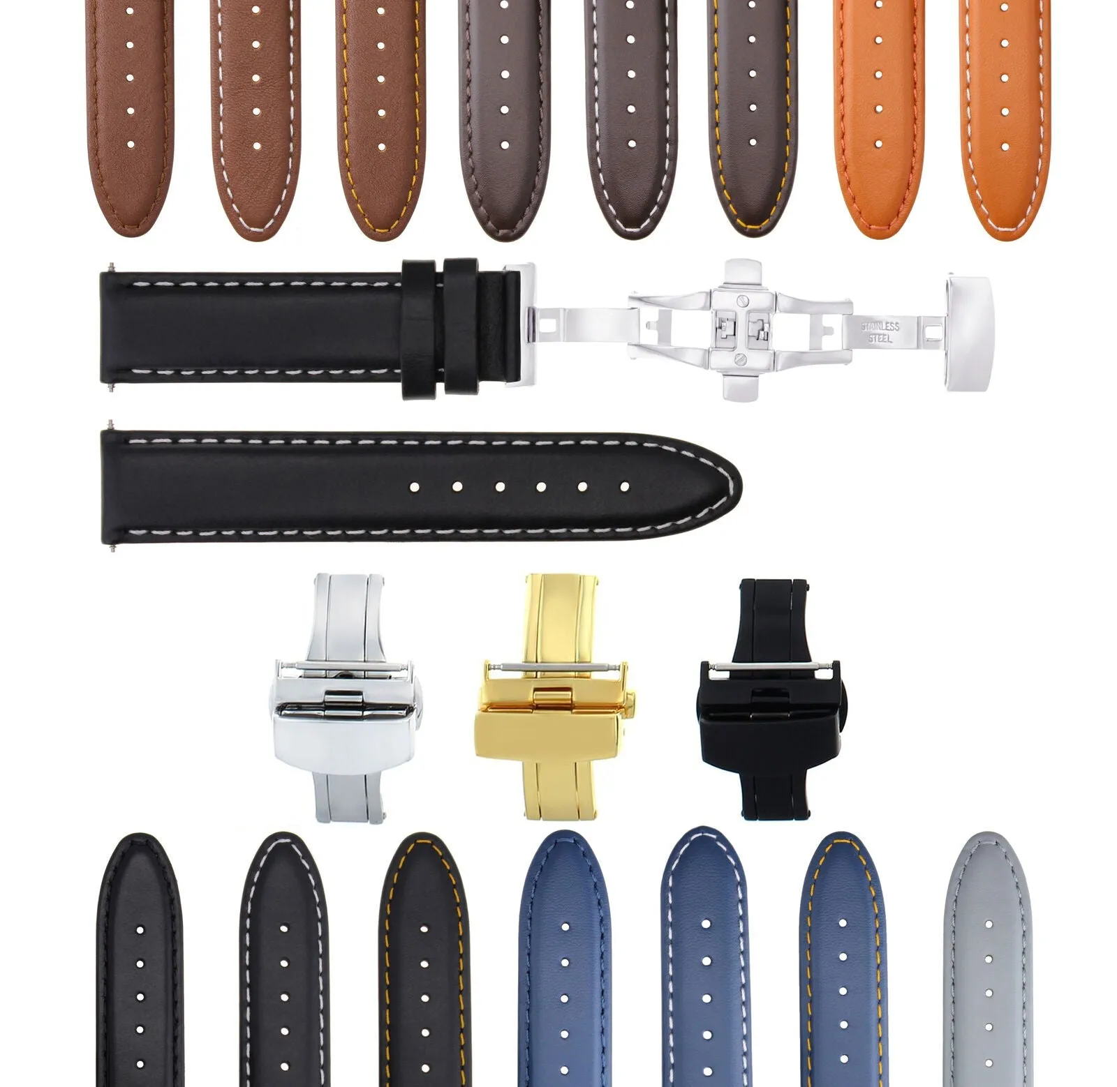 LEATHER BAND STRAP SMOOTH DEPLOYMENT CLASP FOR U-BOAT - 22MM
