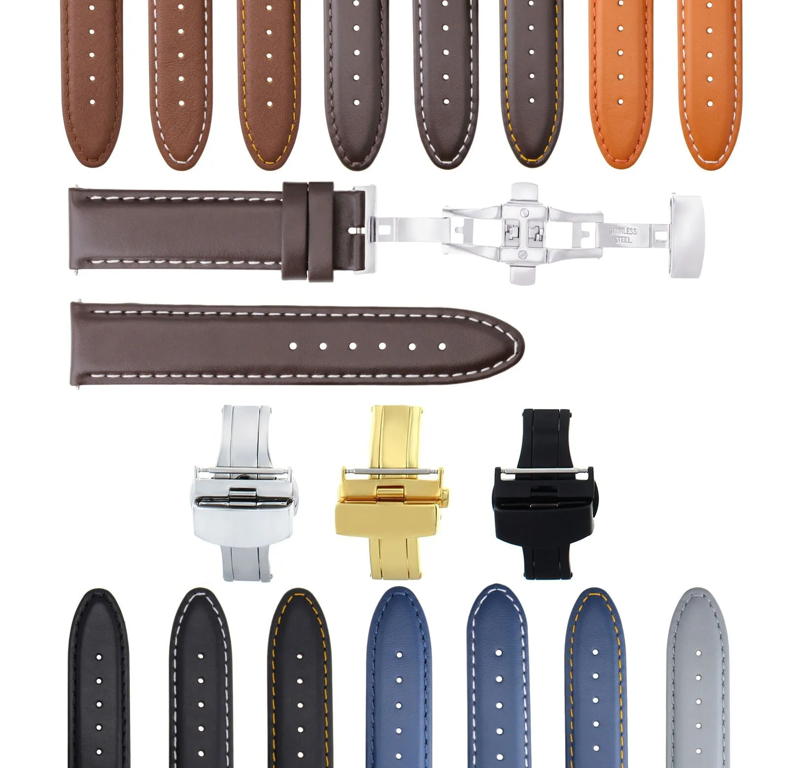 LEATHER BAND STRAP SMOOTH DEPLOYMENT CLASP FOR U-BOAT - 22MM