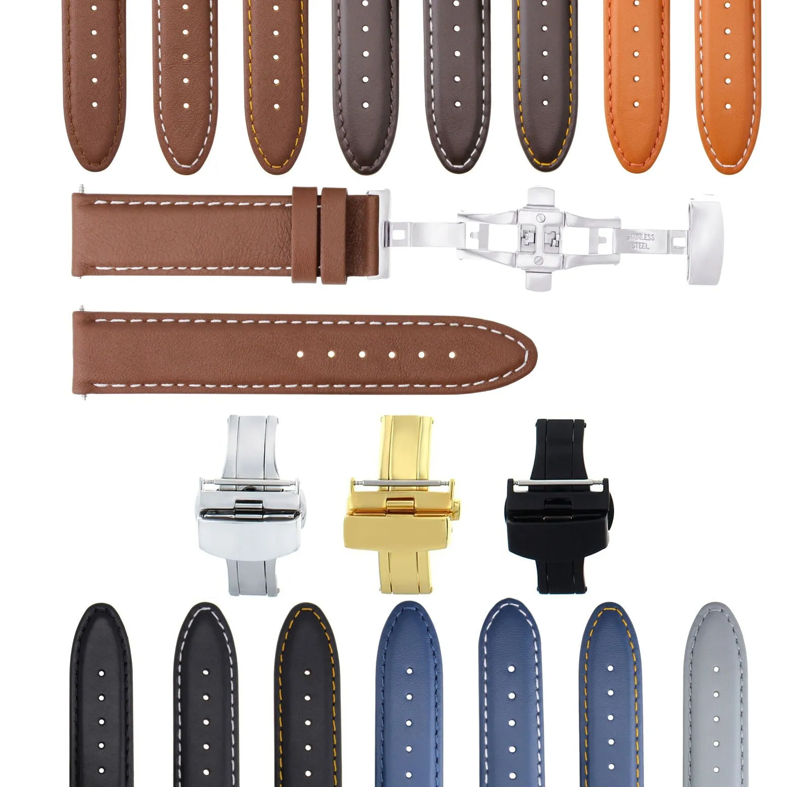 LEATHER BAND STRAP SMOOTH DEPLOYMENT CLASP FOR U-BOAT - 22MM