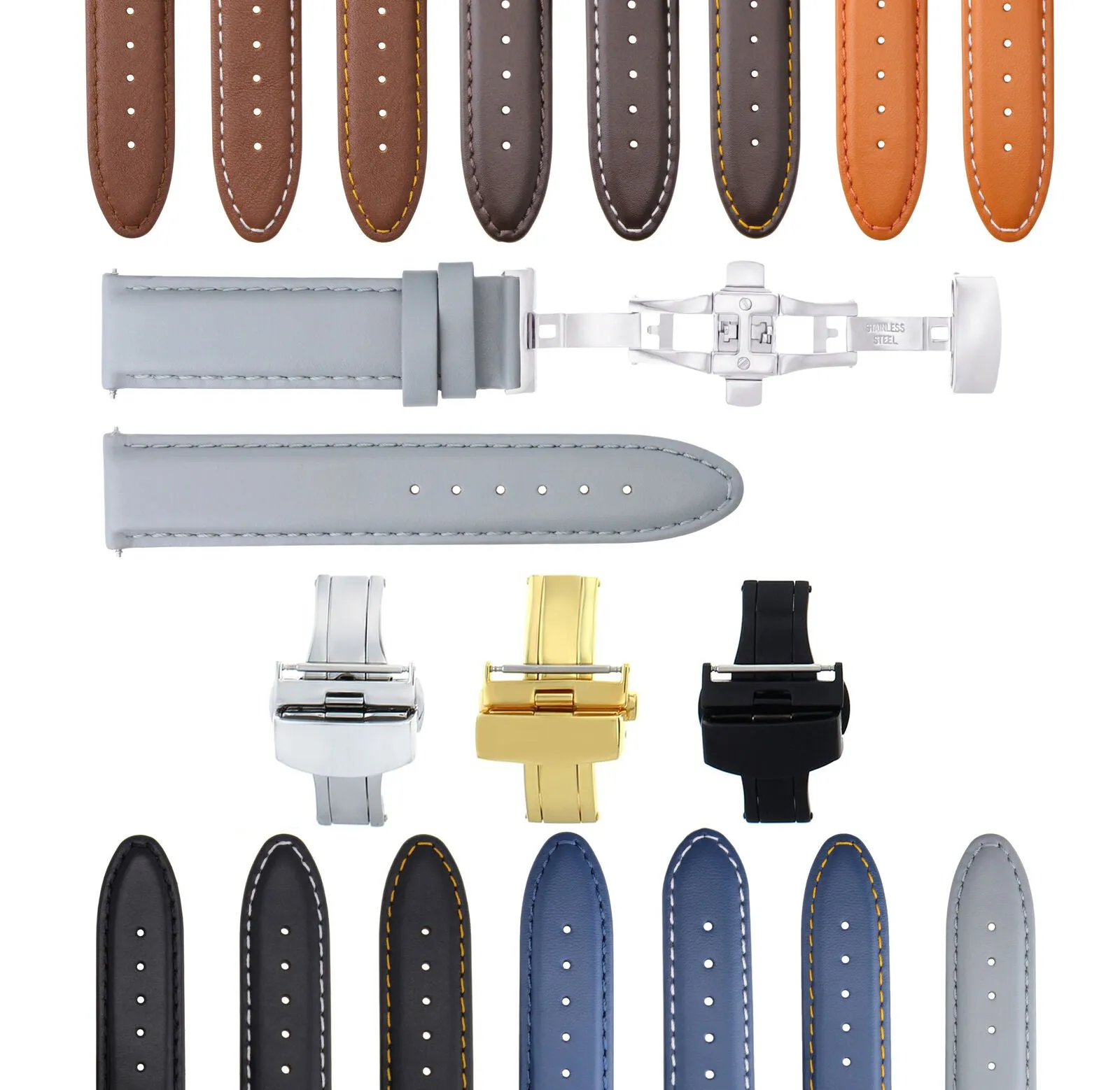 LEATHER BAND STRAP SMOOTH DEPLOYMENT CLASP FOR U-BOAT - 22MM