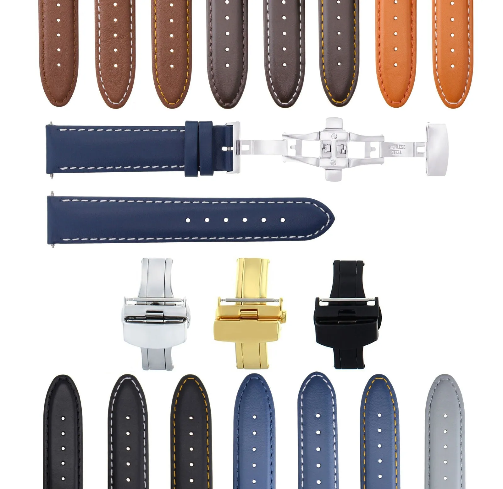 LEATHER BAND STRAP SMOOTH DEPLOYMENT CLASP FOR U-BOAT - 22MM