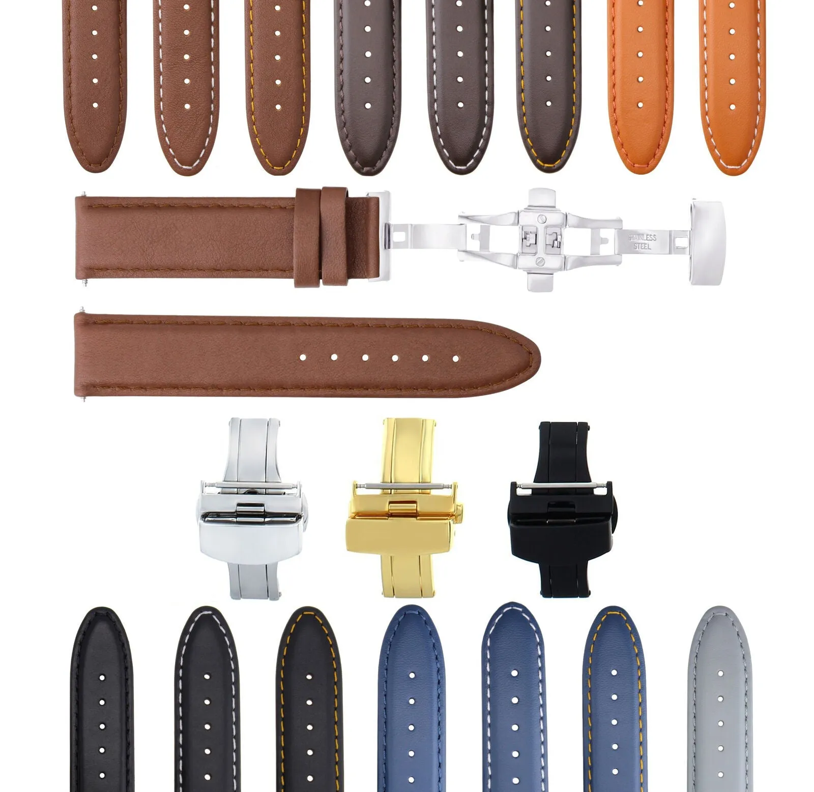 LEATHER BAND STRAP SMOOTH DEPLOYMENT CLASP FOR U-BOAT - 22MM