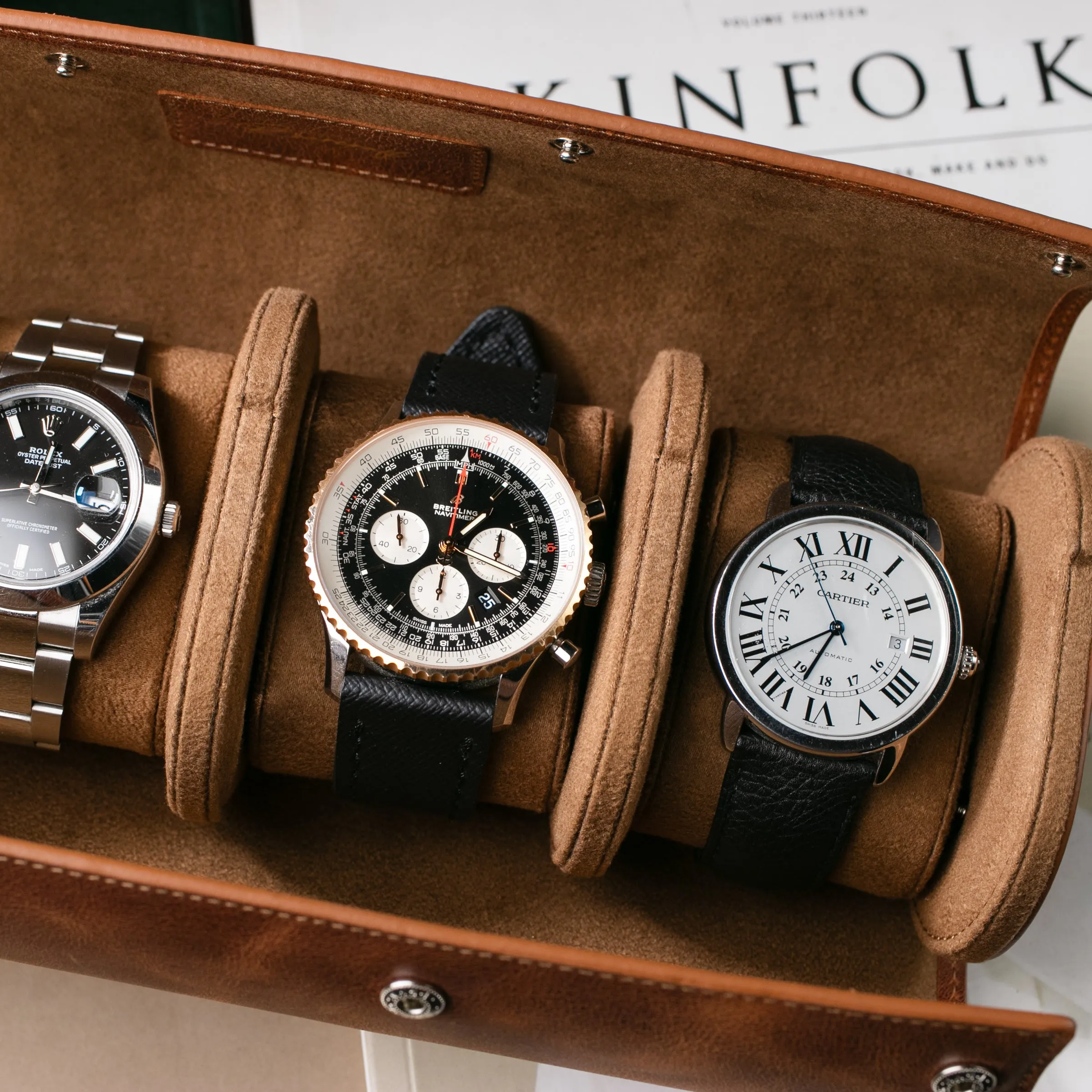 Leather Travel Watch Case - Tobacco - Quad Watch Roll