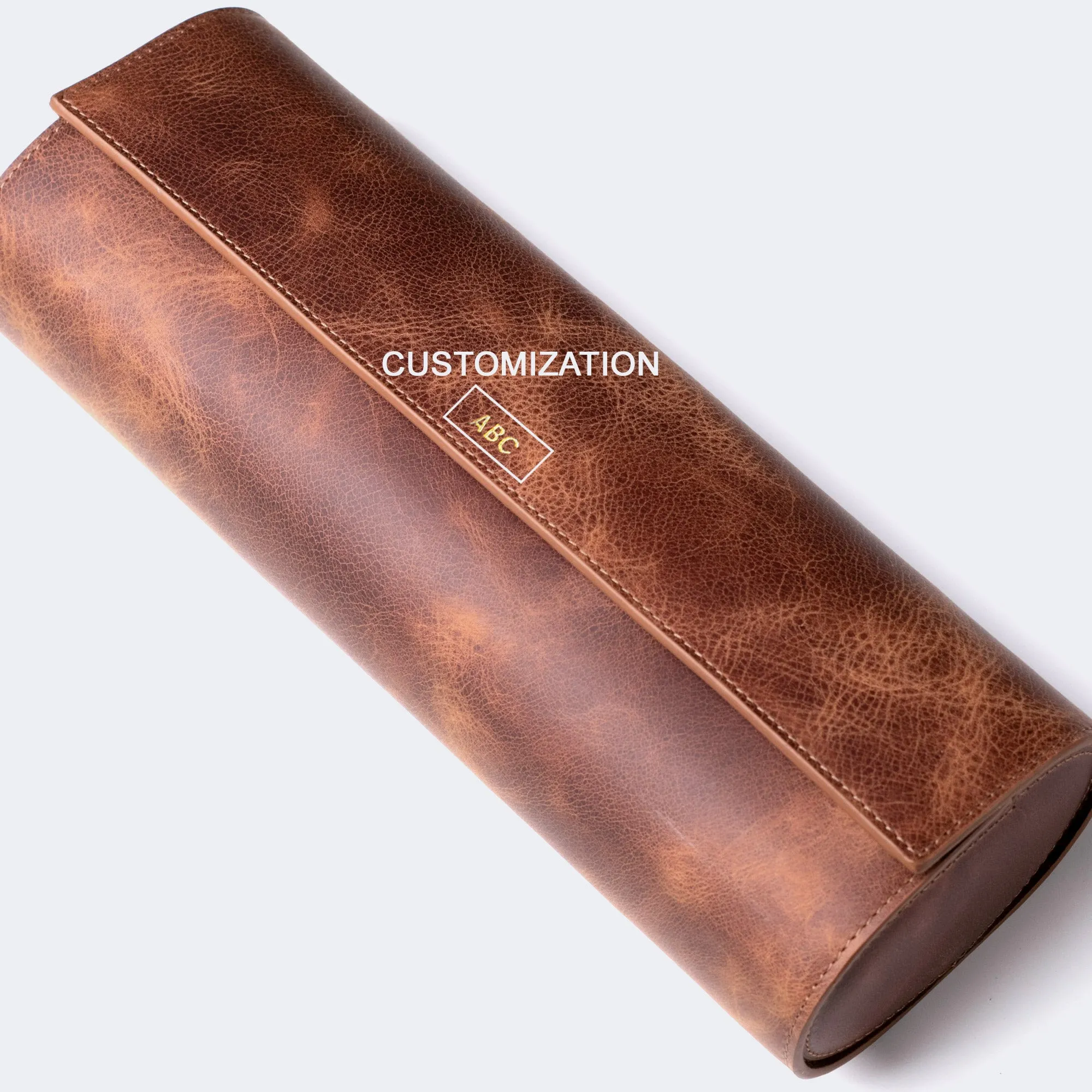 Leather Travel Watch Case - Tobacco - Quad Watch Roll