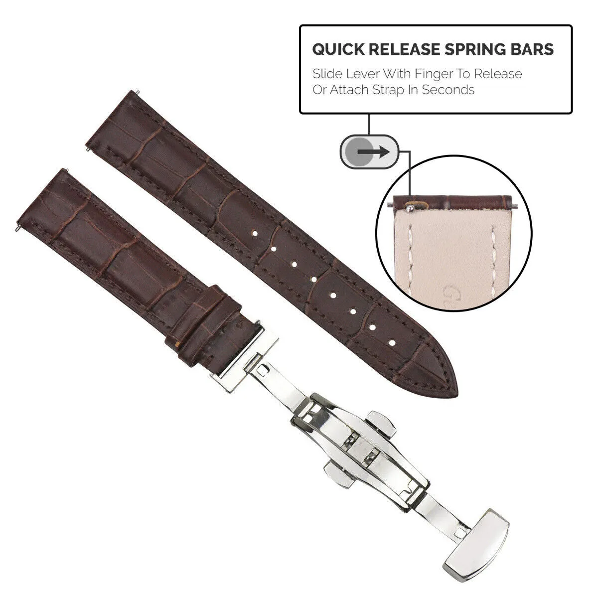 LEATHER WATCH BAND STRAP DEPLOYMENT CLASP QUICK RELEASE LONG - 18MM