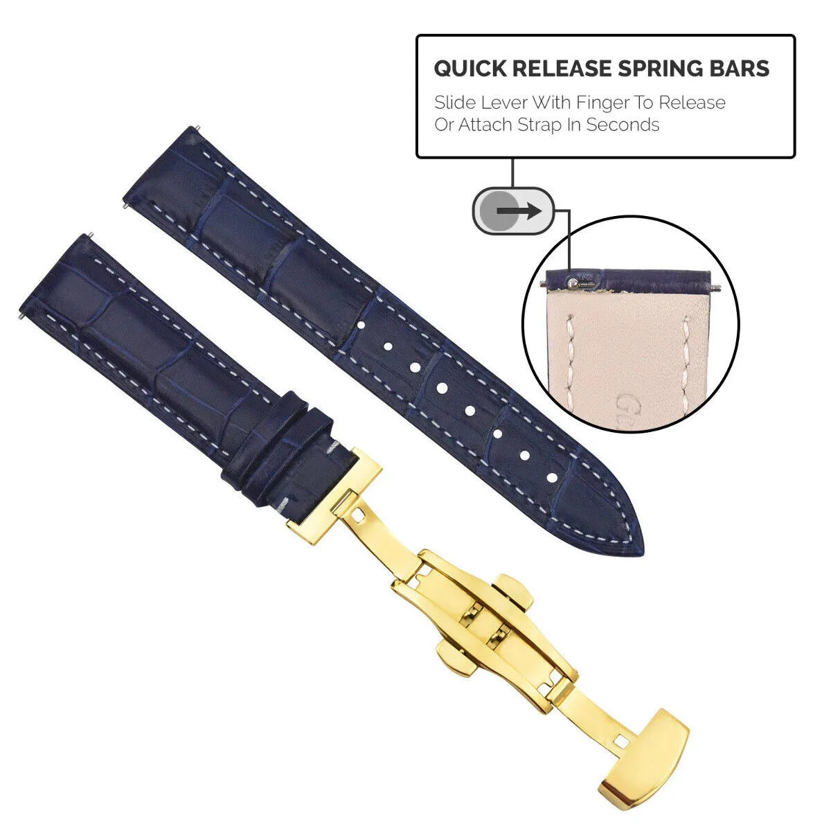 LEATHER WATCH BAND STRAP DEPLOYMENT CLASP QUICK RELEASE LONG - 18MM