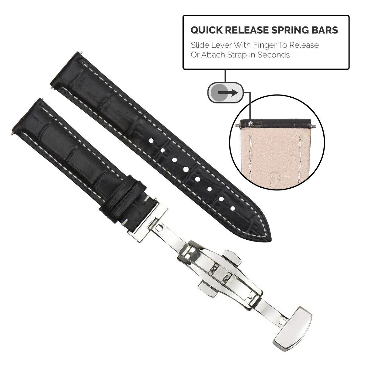 LEATHER WATCH BAND STRAP DEPLOYMENT CLASP QUICK RELEASE LONG - 18MM