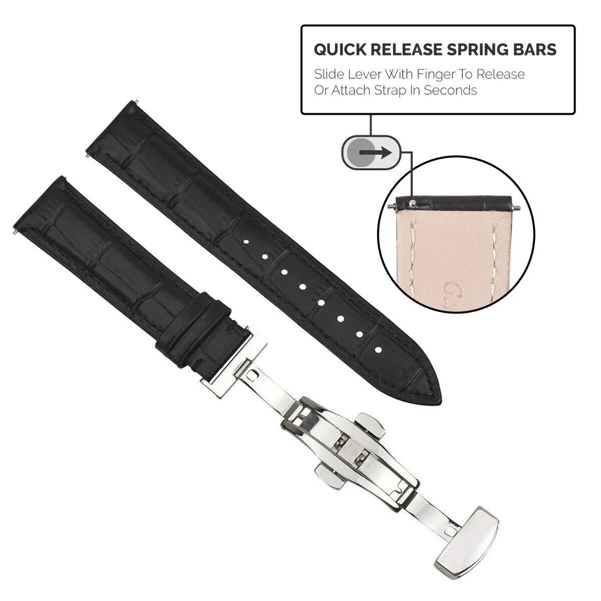 LEATHER WATCH BAND STRAP DEPLOYMENT CLASP QUICK RELEASE LONG - 18MM