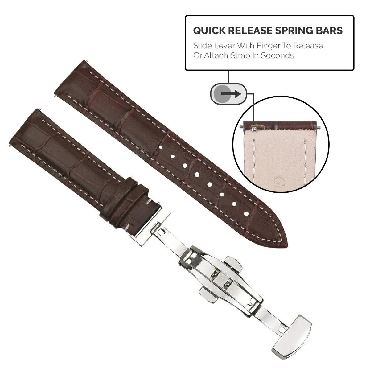 LEATHER WATCH BAND STRAP DEPLOYMENT CLASP QUICK RELEASE LONG - 18MM
